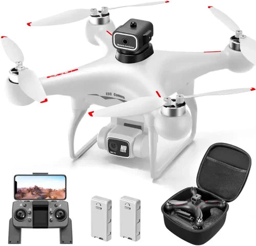 White quadcopter drone with HD camera, remote controller, two batteries, and carrying case