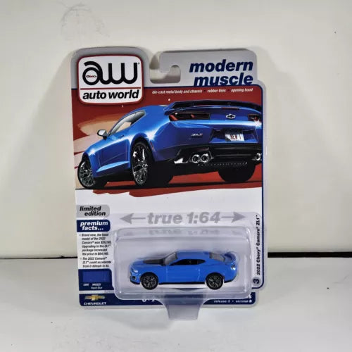 1:64 scale blue diecast car in retail blister pack, Modern Muscle Auto World label