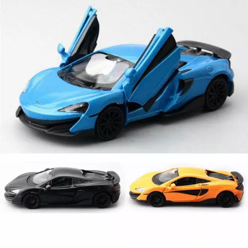 Diecast supercar model car in blue with open doors, plus black and orange models.