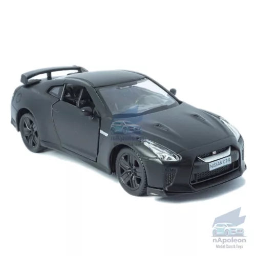 Black alloy diecast model car, front 3/4 view with detailed wheels
