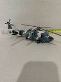 Blue and gray diecast helicopter toy with tail rotor and extended landing gear
