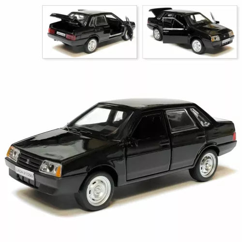 Black 1/36 diecast model car, front three-quarter view, detailed wheels