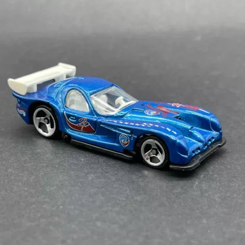 Blue sports race car diecast model, 1/64 scale, white wheels and decals