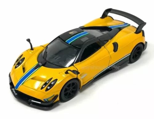 Kinsmart 1:38 diecast sports car model, yellow with blue livery and black wheels