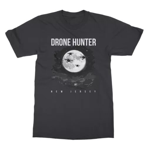 Black unisex T-shirt with Drone Hunter text, moon drone graphic, and New Jersey