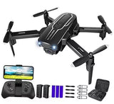 Black mini quadcopter drone with camera, four propellers, and remote controller kit accessories