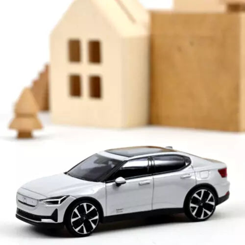 POLESTAR 2 diecast model car, magnesium metallic silver, side view, 1/43 scale