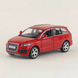 1:36 Audi Q7 red diecast model car with pull-back action, detailed grille and silver wheels