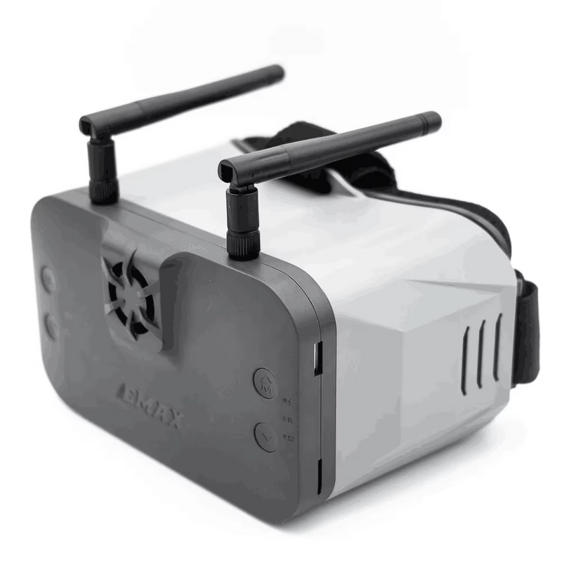 Gray FPV video goggles with dual external antennas and side buttons