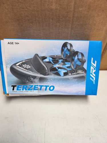 3-in-1 remote control drone boat toy in retail box, black and blue, propellers visible