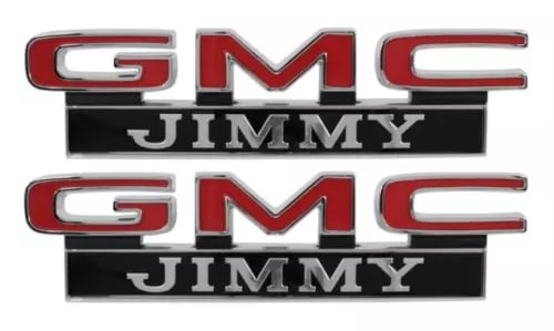 Diecast front fender emblem set with GMC and Jimmy lettering, red center, chrome edges