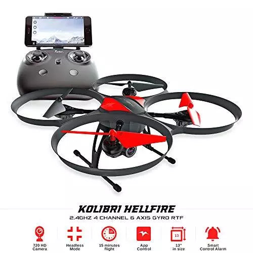 Foldable quadcopter drone with dark gray body, red prop accents, and controller screen.