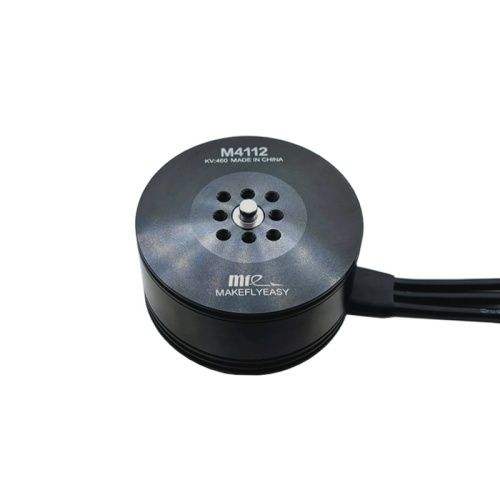 Black M4112 drone motor with mounting hub and attached cable