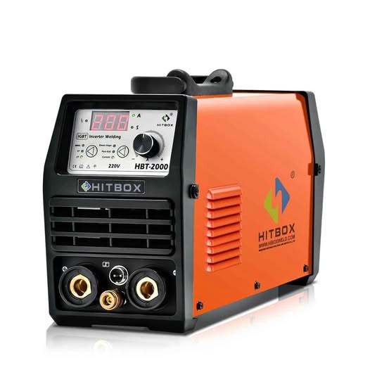 Hitbox welding machine with digital display, orange body, and front control knobs