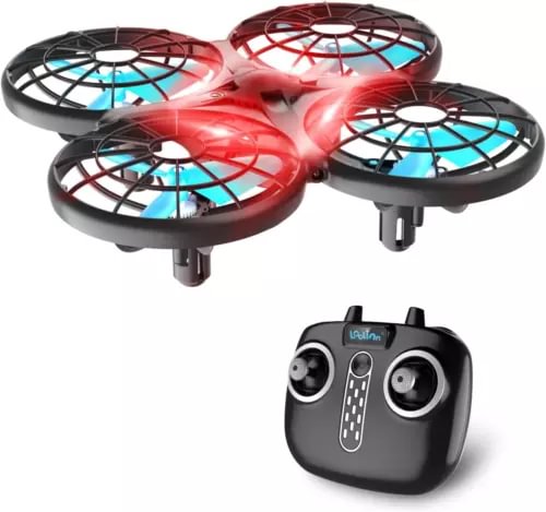 Mini quadcopter drone with lit red-blue propellers and black remote controller
