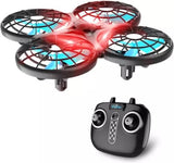 Mini quadcopter drone with lit red-blue propellers and black remote controller