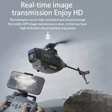 Black RC helicopter drone with onboard camera and remote controller with screen