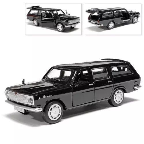 Black 1/36 diecast station wagon model car with chrome grille and whitewall tires