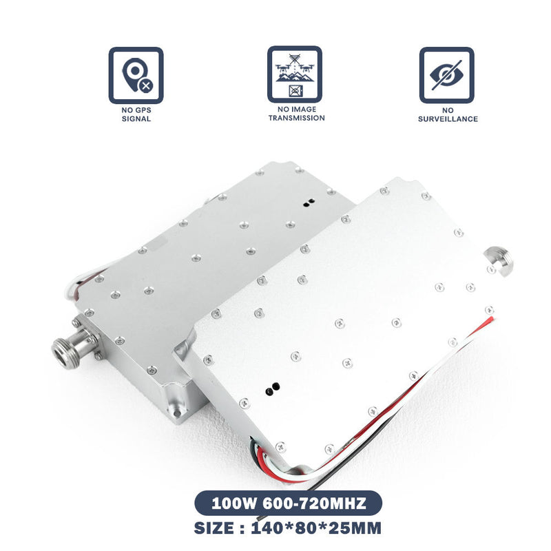 RF signal jamming power amplifier module, silver metal box, 600–720 MHz, 100W