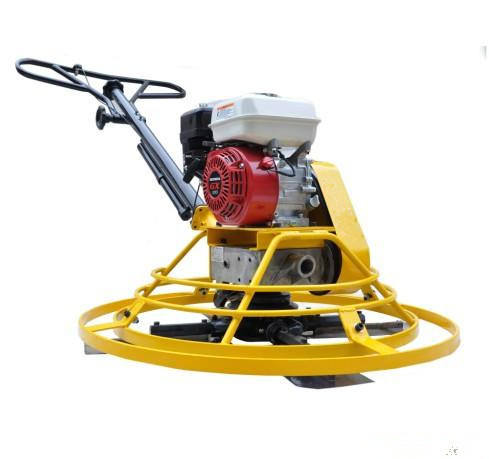 Concrete power trowel machine with circular base, yellow frame, red engine, and 4-blade rotor