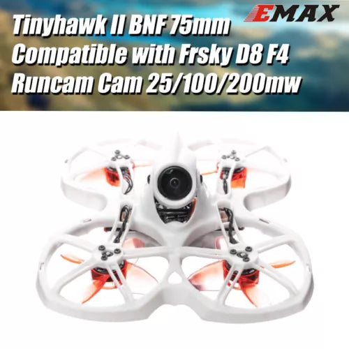 White 75mm FPV quadcopter drone with front camera and orange propellers