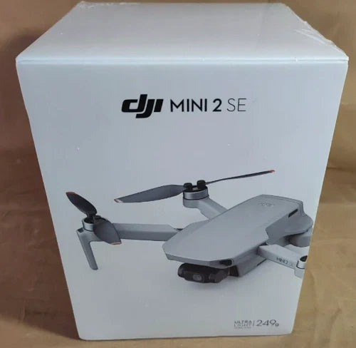 DJI Mini 2 SE camera drone box with illustrated gray quadcopter