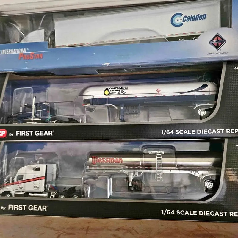 1/64 scale diecast truck set in clear blister packaging, blue cab and white tanker