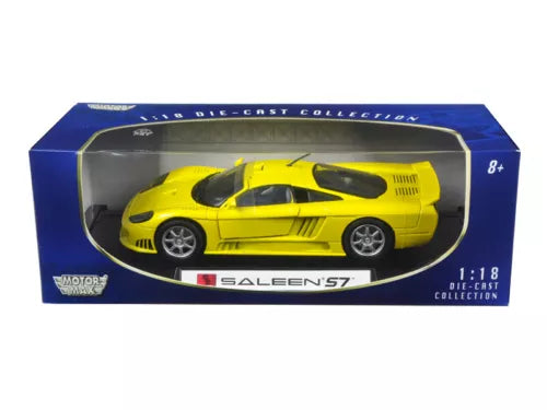 1:18 scale yellow diecast Saleen S7 car in Motormax retail box