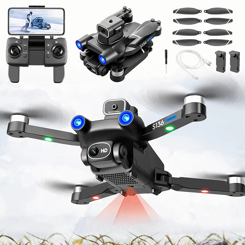 Foldable black quadcopter drone with HD camera, blue LEDs, controller screen