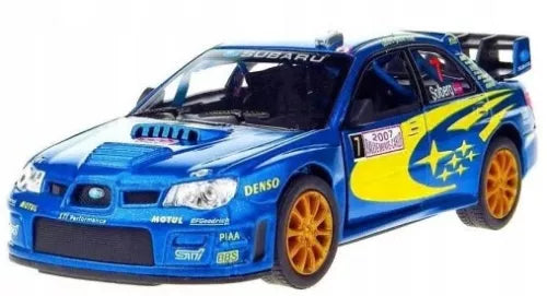 Blue Subaru Impreza WRC 2007 diecast model car with yellow star and decals, front view