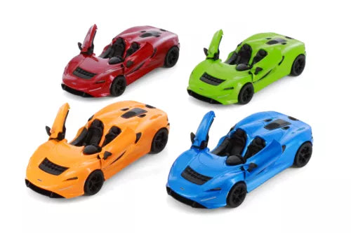 Mini diecast convertible car assortment with four miniature cars: red, green, orange, blue
