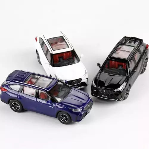 1:64 scale diecast metal model car set, blue, white, and black with openable doors