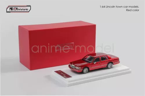 Red 1:64 Lincoln Town Car diecast model car with display base and box