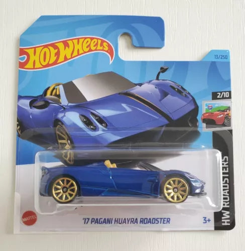 Blue Pagani Huayra Roadster V12 diecast car toy in clear blister, 1:64