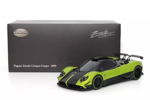 1/18 diecast coupe model, lime green Pagani Zonda Cinque with black stripes, front 3/4 view
