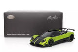 1/18 diecast coupe model, lime green Pagani Zonda Cinque with black stripes, front 3/4 view