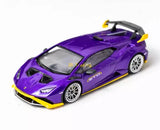 Purple 1:64 diecast sports car model with black trim and yellow accents