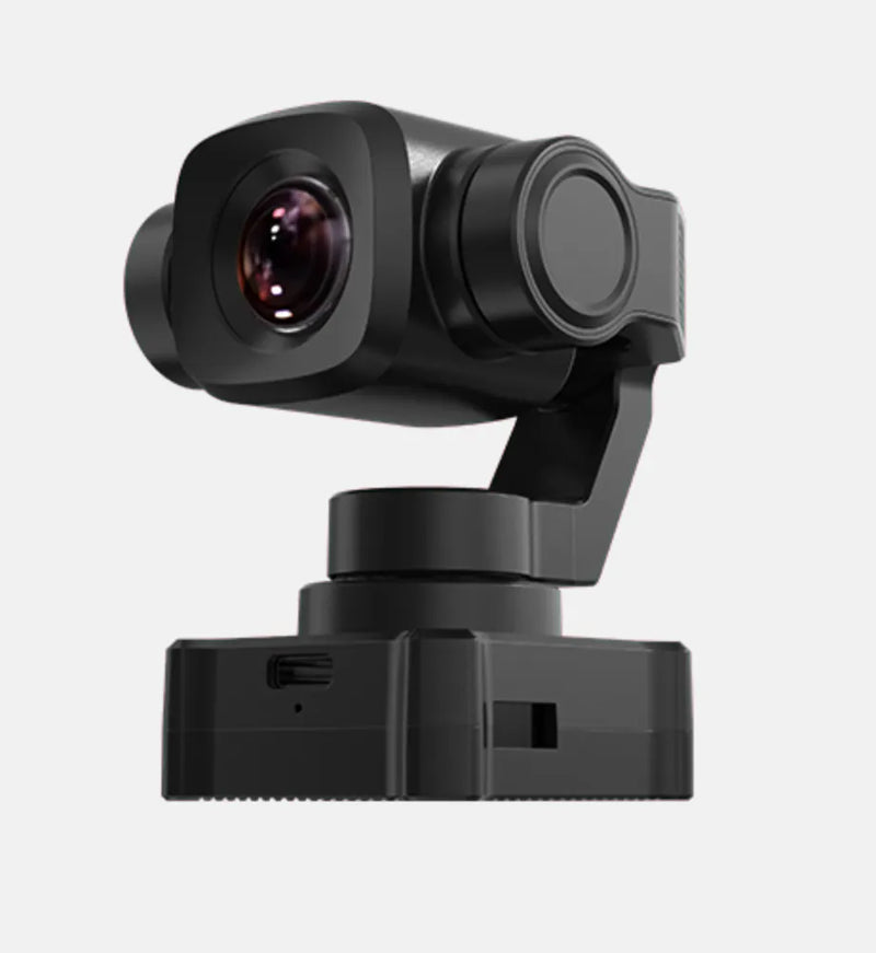 Mini drone camera gimbal with black housing and wide lens front