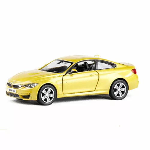 BMW M4 1:36 diecast model car, gold sports coupe, side view