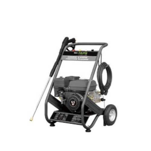 Gas high-pressure washer cart with vertical engine, black frame, hose reel, and two wheels