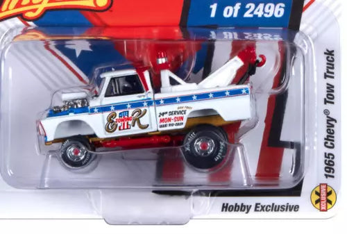 White and blue 1965 Chevy tow truck diecast toy with red detailing, 1:64 scale