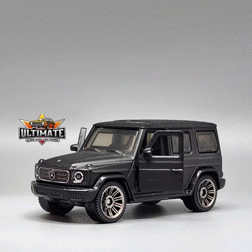 Mercedes-Benz G 580 diecast SUV model, black, front 3/4 view, detailed grille
