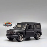 Mercedes-Benz G 580 diecast SUV model, black, front 3/4 view, detailed grille