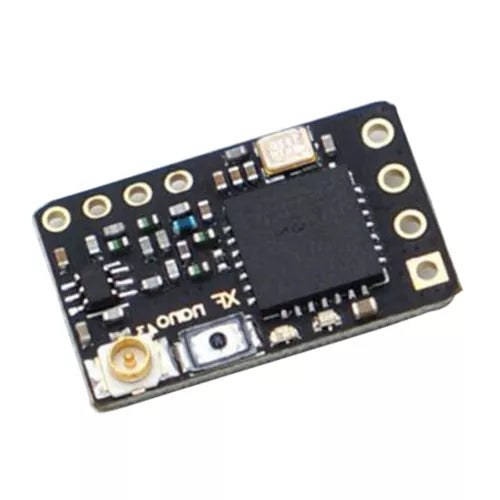 Long range RC drone receiver circuit board, black PCB with mounted components