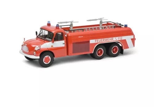 Diecast fire engine model truck, orange-red with ladder and side markings, 1:43 scale