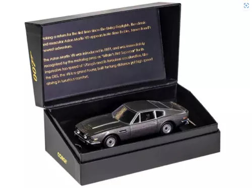 Aston Martin V8 diecast model car in open presentation box, silver/gray with black trim