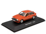 Opel Kadett 1983 diecast miniature car, orange 1:43 on display base