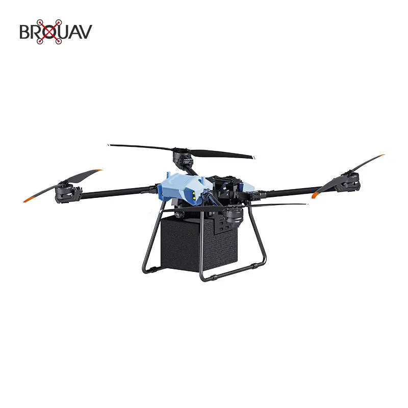 Black quadcopter delivery drone with landing frame and front camera, blue center module