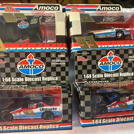 1:64 diecast replica racing car #93 in box, red blue with AMOCO logo