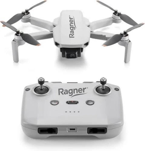 Foldable quadcopter drone with Ragner branding, front control panel and ports, propellers
